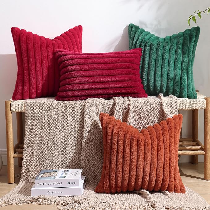 decorUhome Fall Faux Fur Throw Pillow Covers 24x24 Set of 2 Christmas Green | - Image 8