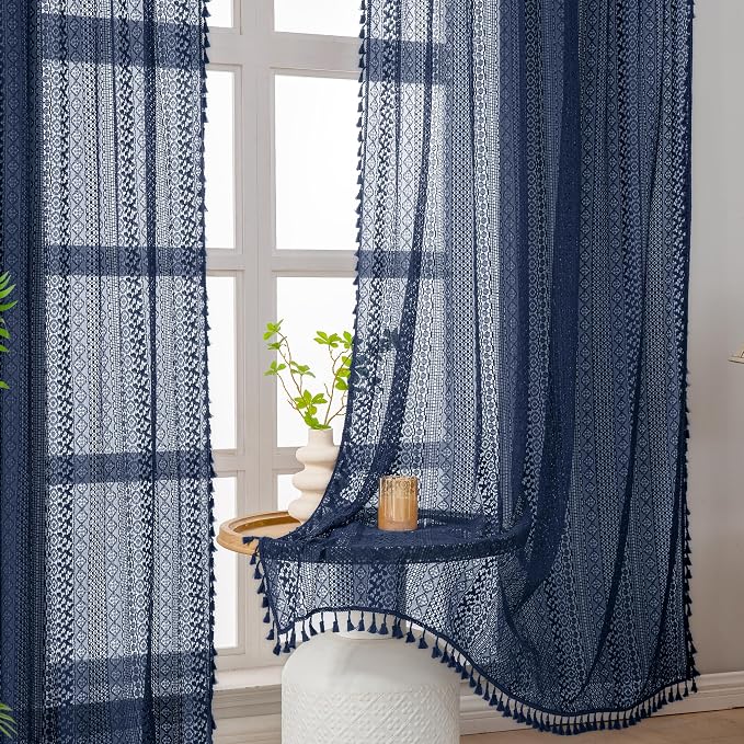 WAZZIO Boho Lace Curtains 84 Inches 2 Panel, Light Filtering Privacy Tassel & - Image 4