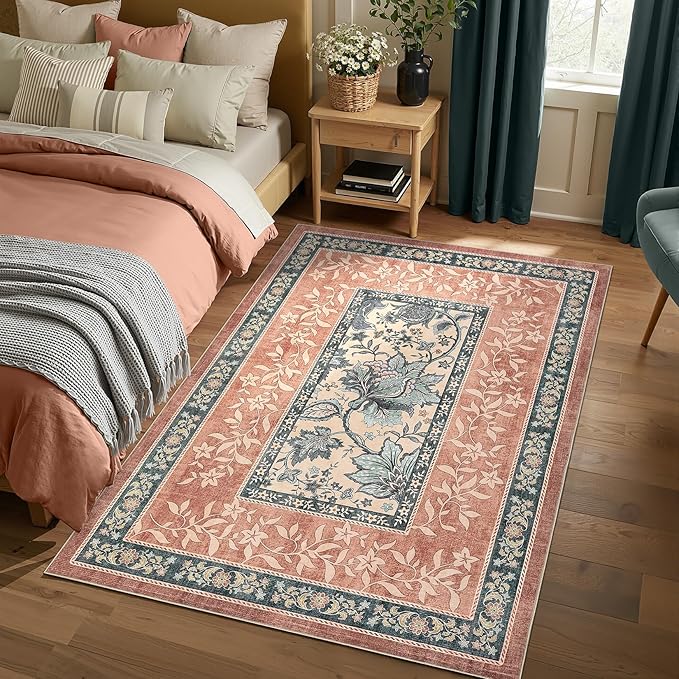 GarveeHome Terracotta Teal Area Rugs 9x12 Living Room, Botanical Grove Cottage - Image 2