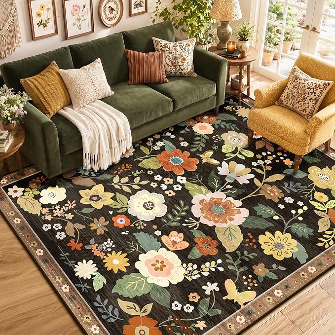 RELEANY Floral Washable 9x12 Area Rugs Black/Yellow | Flower Carpet Print Boho - Image 9