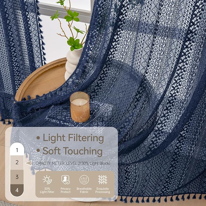 WAZZIO Boho Lace Curtains 84 Inches 2 Panel, Light Filtering Privacy Tassel & - Image 3
