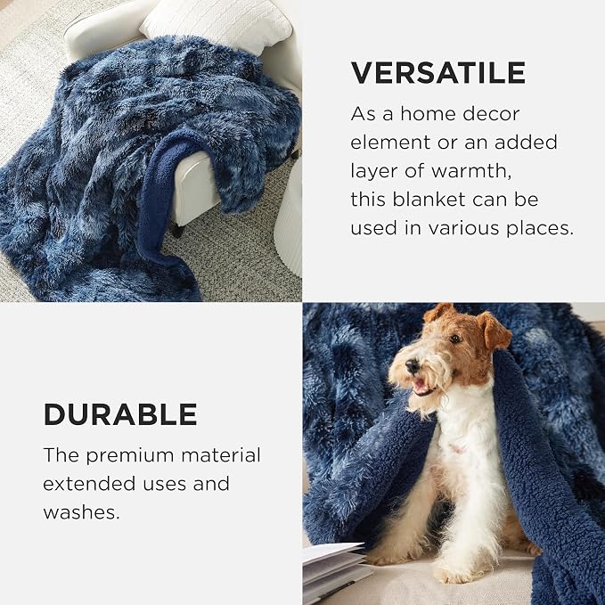 Bedsure GentleSoft Fluffy Tie Dye Navy Blue Blankets Queen Size - Image 4
