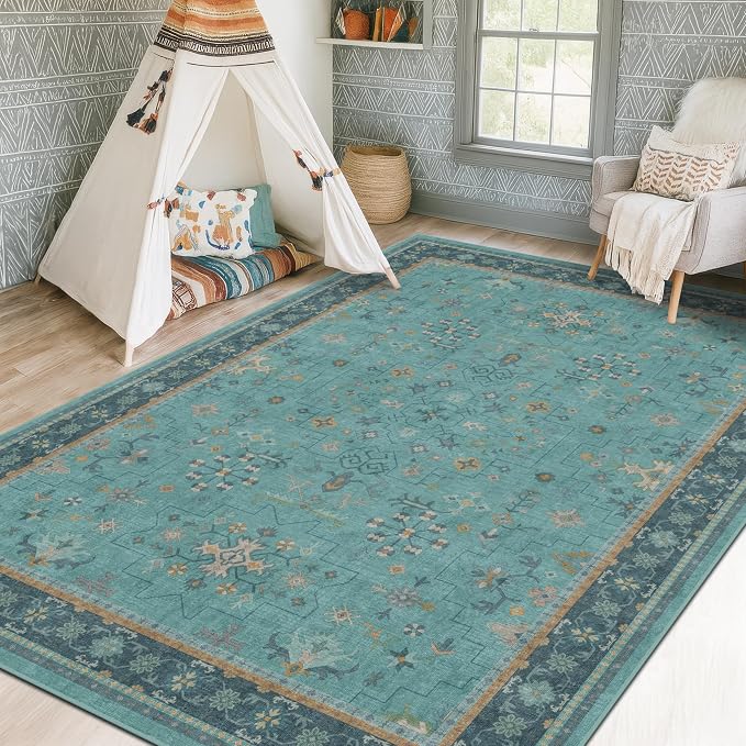 Washable 5x8 Teal Rug for Living Room, Boho Area Rugs for Bedroom Under Bed - Image 3