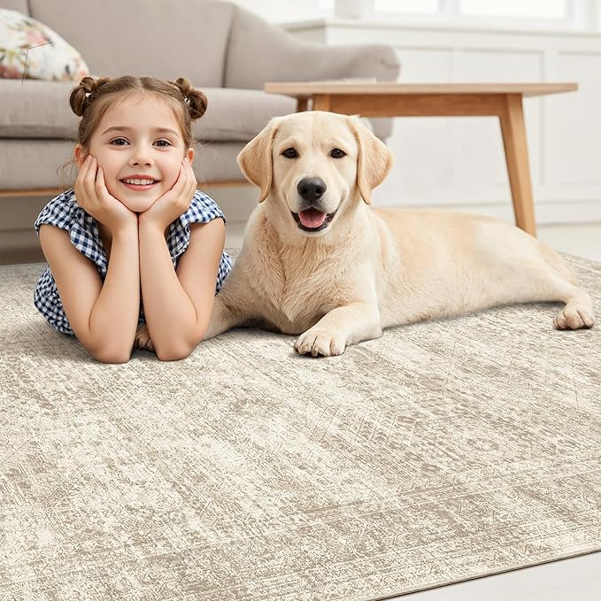 12x15 Washable Area Rug Beige Neutral Abstract Living Room Large Carpet Non - Image 3