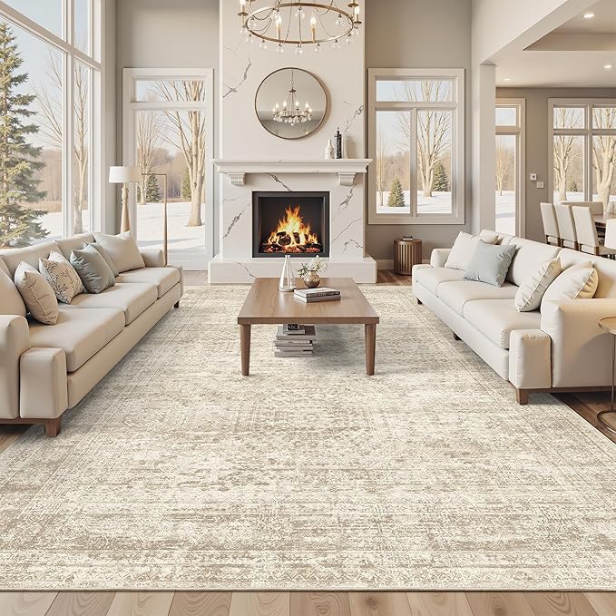 12x15 Washable Area Rug Beige Neutral Abstract Living Room Large Carpet Non by Soalmost