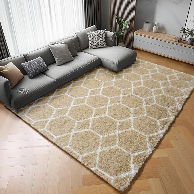 5x7 Area Rugs for Living Room Bedroom, Fluffy Beige and White Geometric Rug | - Image 6