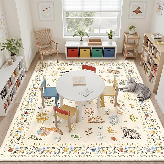 Cat 8x10 Area Rugs for Living Room, Machine Washable Animal Floral Vintage Rug - Image 2