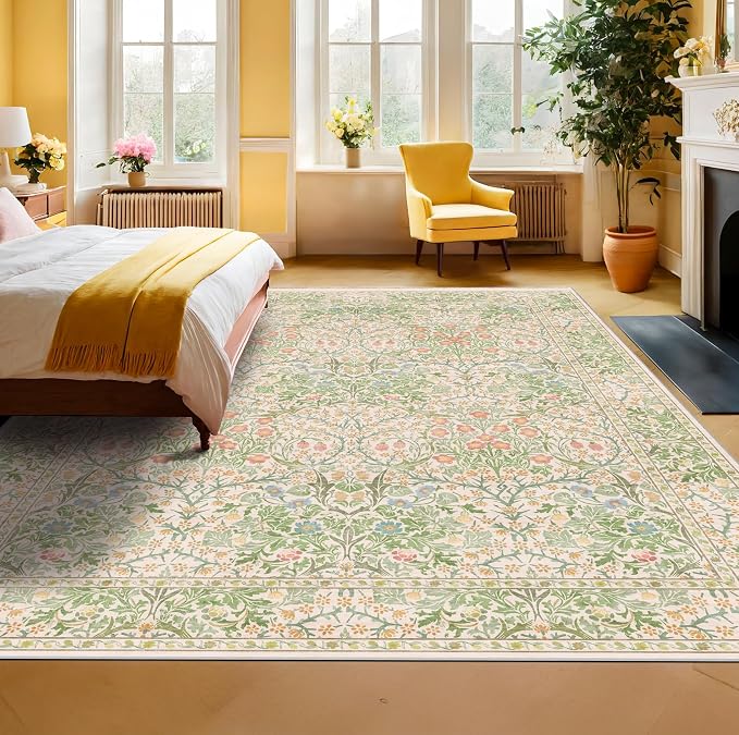 Vintage Washable Beige Green 10x12 Rug - Image 3