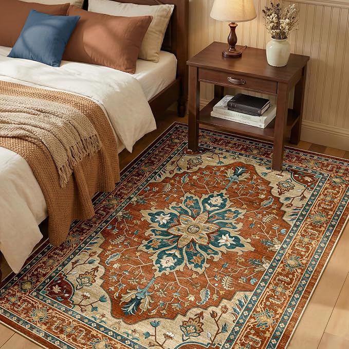 Area Rugs 3'x5' Washable Non-Slip, Floral Vintage Distress Print Pattern by RELEANY