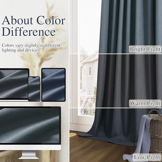 Guken Vintage Blue 100% Blackout Linen Curtains 84 Inch Length 2 Panels Set - Image 7