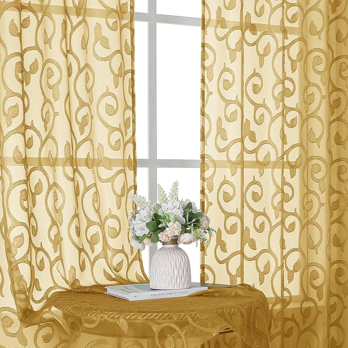 OWENIE Furman Gold Sheer Curtains 84 inches Long by OWENIE