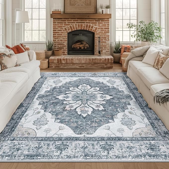 Area Rugs Square 8ft Washable Non-Slip, Floral Vintage Distress Print Pattern by RELEANY