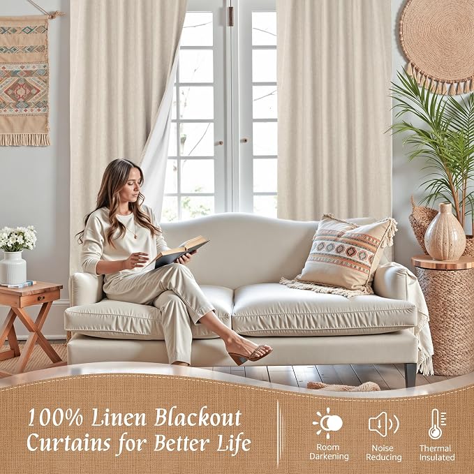 100% Blackout Oatmeal Linen Curtains - Image 2