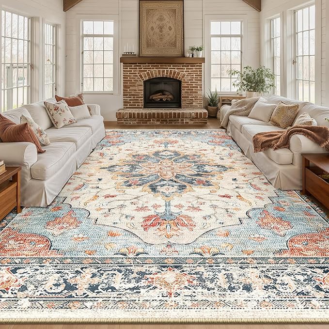 Area Rugs 10'x12' Washable Non-Slip, Floral Vintage Distress Print Pattern by RELEANY