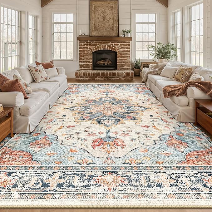Area Rugs 10'x14' Washable Non-Slip, Floral Vintage Distress Print Pattern - Image 2