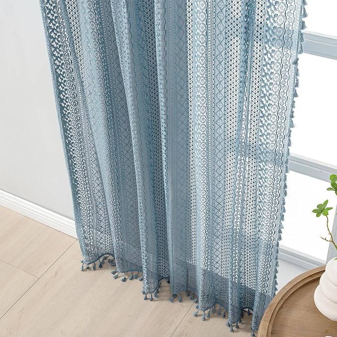 WAZZIO Boho Lace Curtains 84 Inches 2 Panel, Light Filtering Privacy Tassel & - Image 5