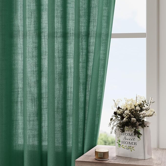 Dark Green Linen Curtains 90 Inch Long 2 Panels Set - Image 4