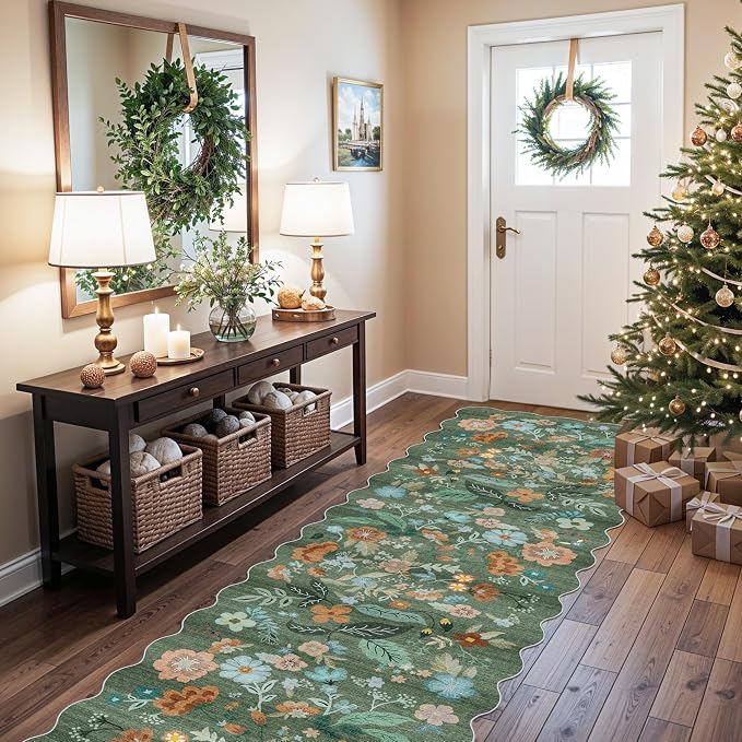 Washable 3x10 Hallway Runner Rug: Floral Scalloped Soft Runners - Image 2