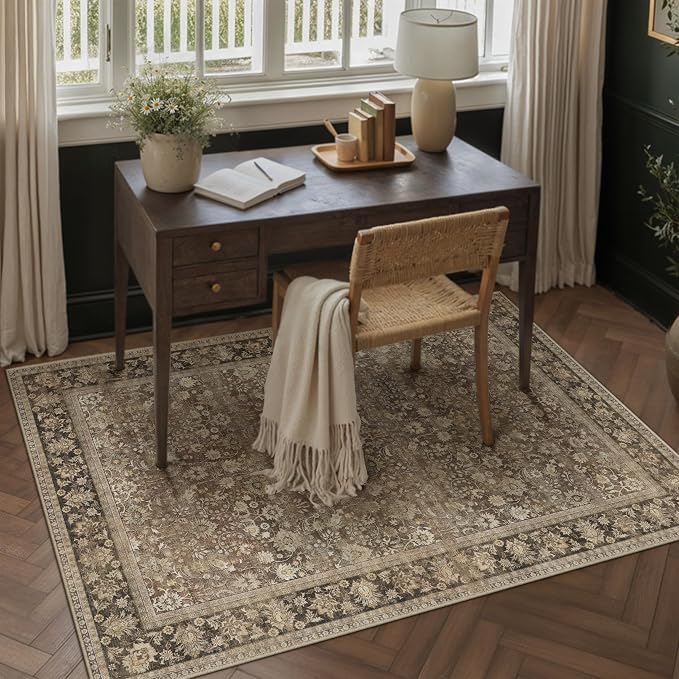 3x5 Brown Vintage Floral Washable Area Rug by HUGEAR