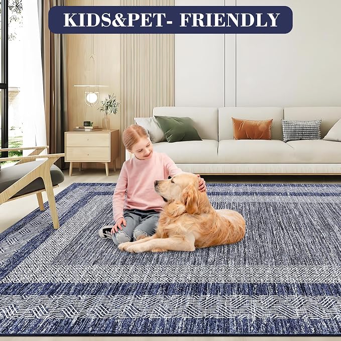 GarveeHome 9x12 Large Modern Navy Blue Area Rug Distressed Bordered Soft Non - Image 5