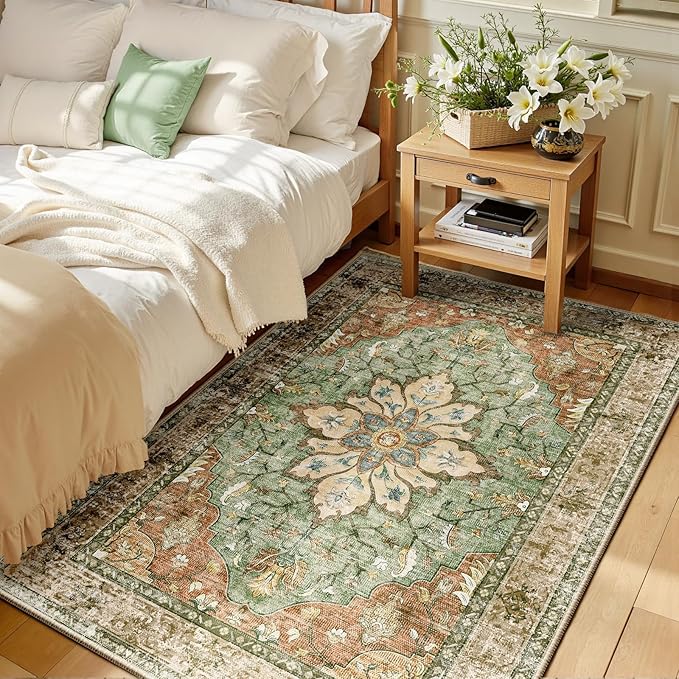 RELEANY Area Rugs 3'x5' Washable Non-Slip, Floral Vintage Distress Print by RELEANY