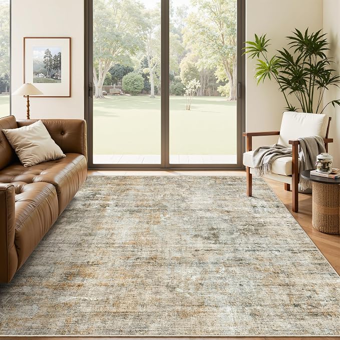 Abstract Rug 5x7 Machine Washable Area Indoor Orange Low Pile Non-Slip Foldable - Image 4