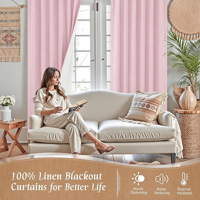 Pink Linen 100% Blackout Window Curtains 45 Inch - Image 2