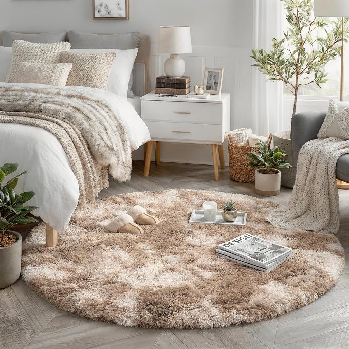 Amdrebio Tie-Dyed Beige Tan Round Area Rug 4Ft by Amdrebio