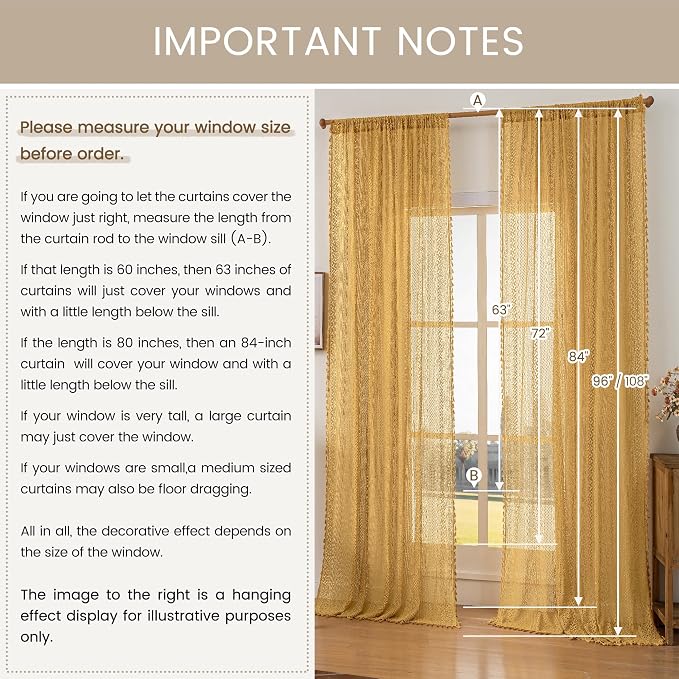 WAZZIO Boho Lace Curtains 63 Inches 2 Panel, Light Filtering Privacy Tassel & - Image 8