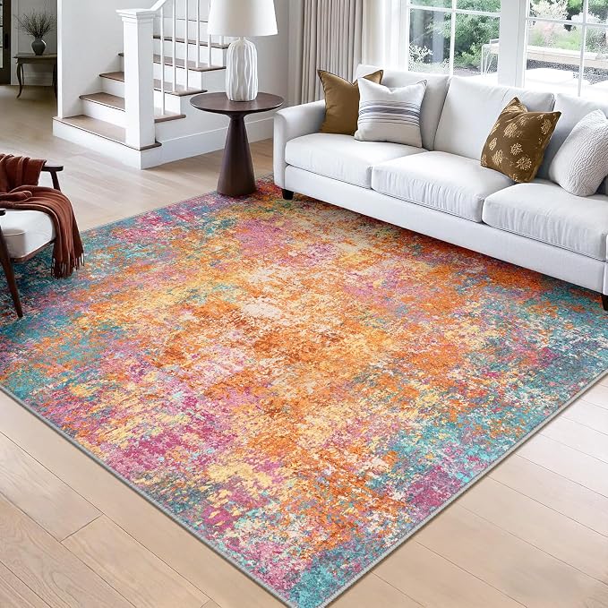 Washable Area Rugs Square 8ft Non-Slip Modern Abstract Soft by RELEANY