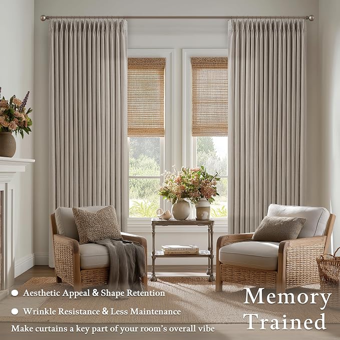 92 Inch Taupe Linen Pinch Pleated Light Filtering Curtains 50x92 2 Panels | - Image 2