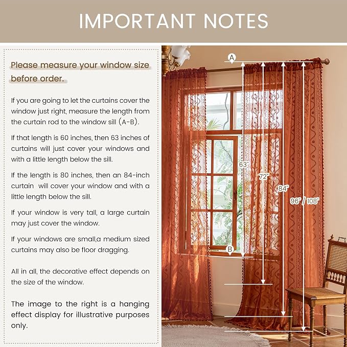 WAZZIO Boho Lace Curtains 108 Inch 2 Panels-Vintage Sheer Panel Drape Floral - Image 8
