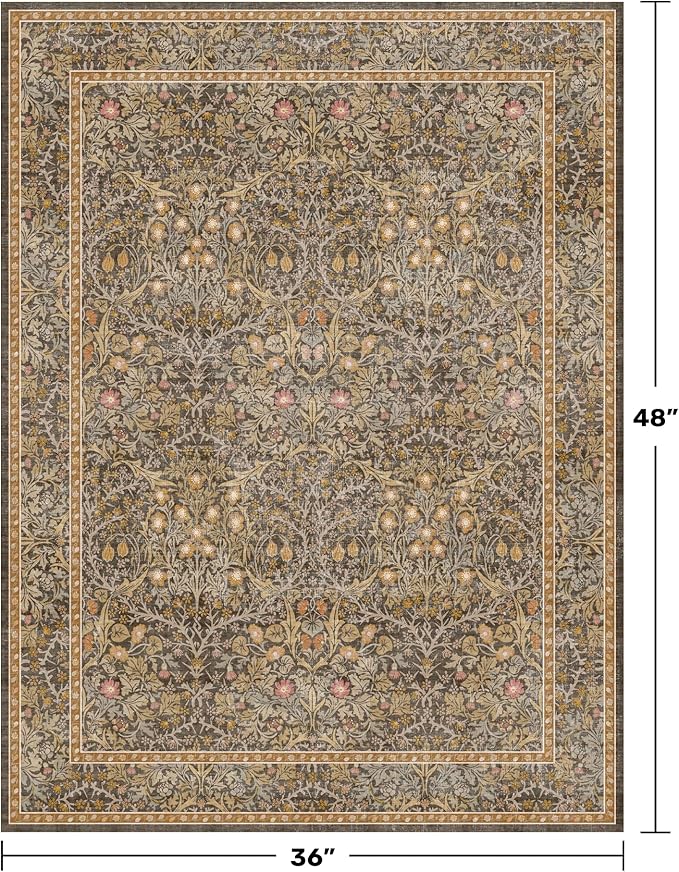 Vintage Gold Brown Entryway Rug, 3x4 Washable Area Rugs - Image 2