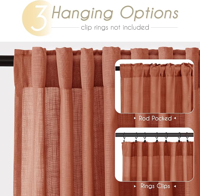 96 inch Linen Terracotta Curtains 2 Panels - Image 2
