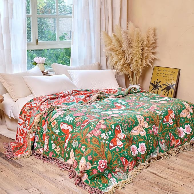 MSGKV Boho Throw Blanket for Bed 60"x80" Butterfly Floral 100% Cotton Couch - Image 6