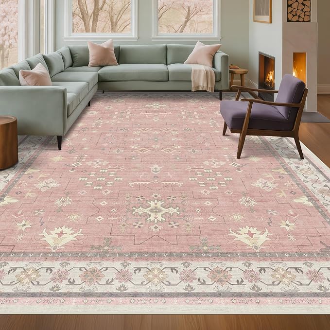 Washable 8x10 Blush Pink Rug for Bedroom Girls Dorm, Floral Retro Living Room by HazoHaus