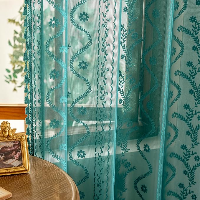 WAZZIO Boho Lace Curtains 2 Panels 45 Inch -Victorian Sheer Panel Drape French - Image 4