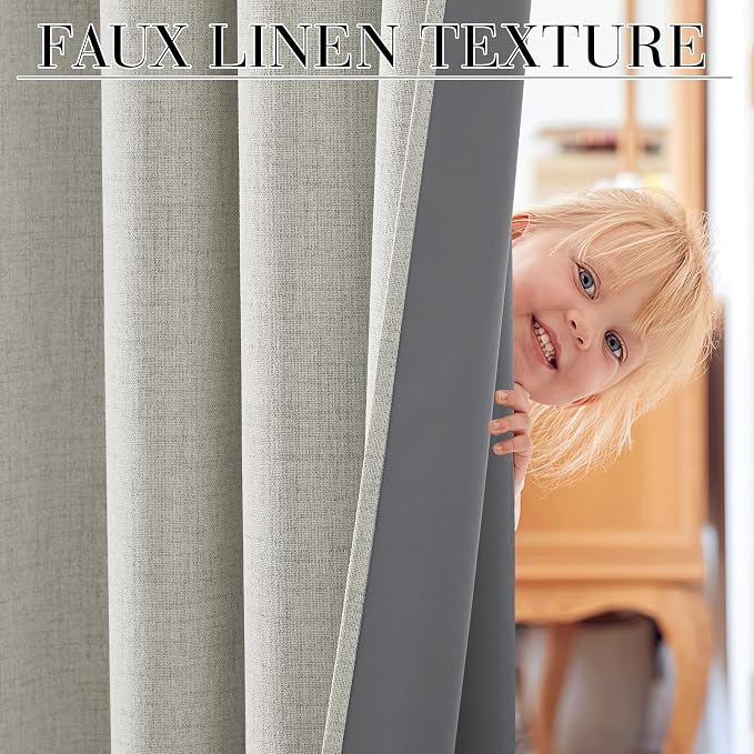 RYB HOME 100% Blackout Cream Curtains, Linen Texture Thermal Insulated Drapes - Image 7