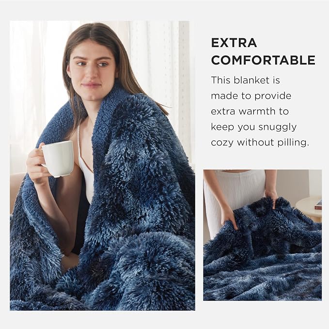 Bedsure GentleSoft Fluffy Tie Dye Navy Blue Blankets Queen Size - Image 3