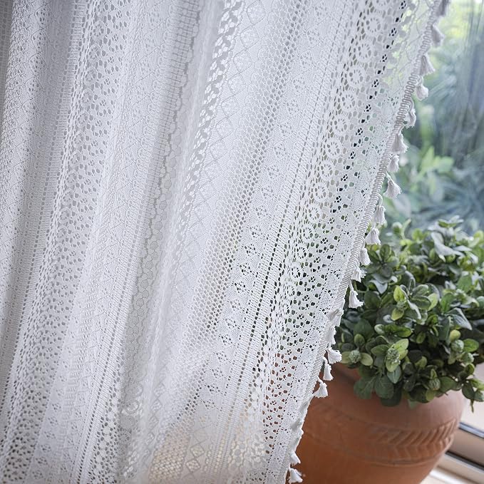 WAZZIO Boho Lace Curtains 63 Inches 2 Panel, Light Filtering Privacy Tassel & - Image 5