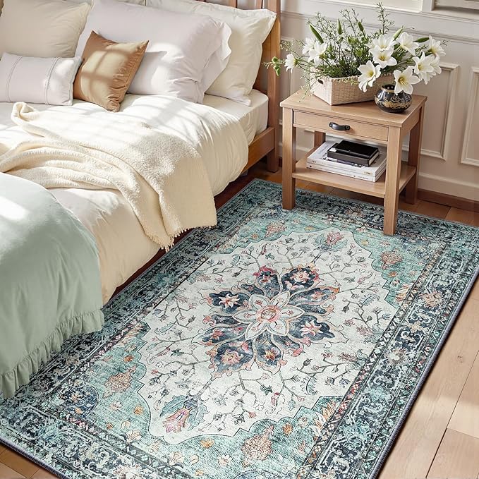 Area Rugs 3'x5' Washable Non-Slip, Floral Vintage Distress Print Pattern by RELEANY