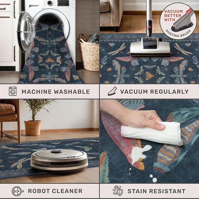 Blue Vintage Boho Area Rug 3x6, Washable Non Slip Indoor Carpet - Image 5
