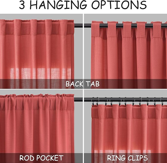 Nanspring Watermelon Red Linen Curtains 102 Inches Long 2 Panels, Back Tab Rod - Image 3