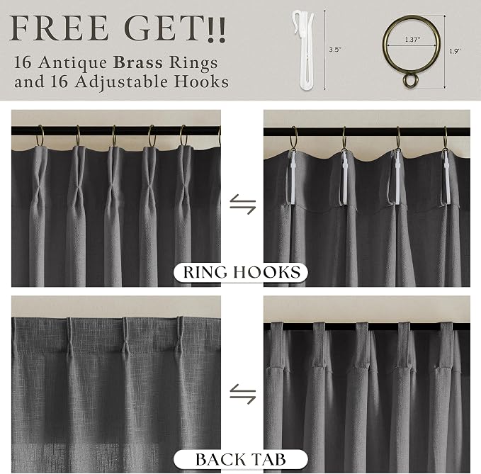 102 Inches Pinch Pleated Light Filtering Linen Charcoal Grey Curtains 50W | - Image 5