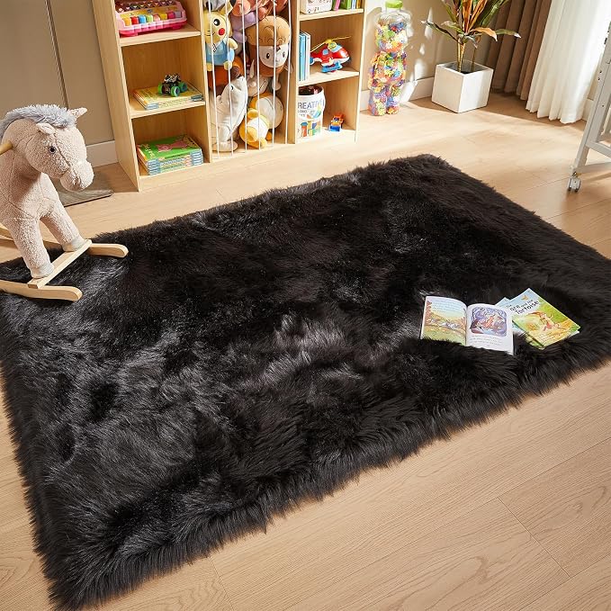 AMTOVO Faux Fur Sheepskin Rug for Living Room, 4 x 6 ft Black Fluffy Area Rug - Image 3