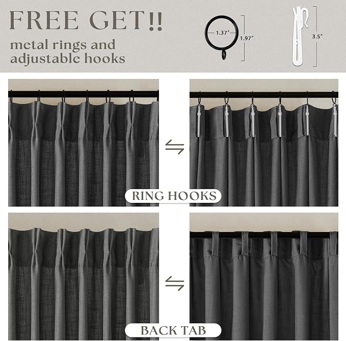 Dark Gray Linen Pinch Pleated Light Filter Curtains 96 Inches Long 2 Panels | - Image 5