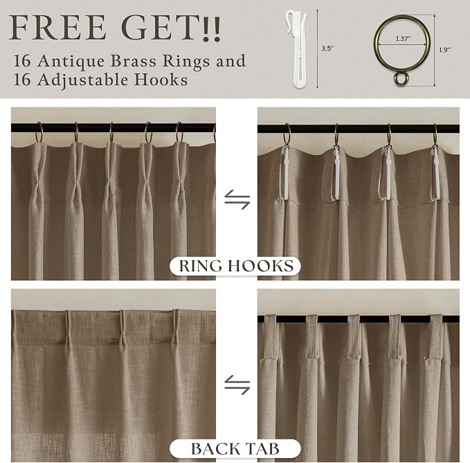 84 Inch Latte Linen Pleated Semi Sheer Vintage Curtains - Image 4