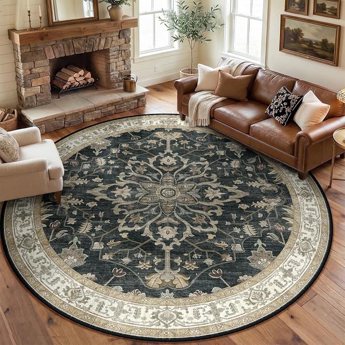 Area Rugs Round 8ft Washable Non-Slip, Floral Vintage Distress Print Pattern by RELEANY
