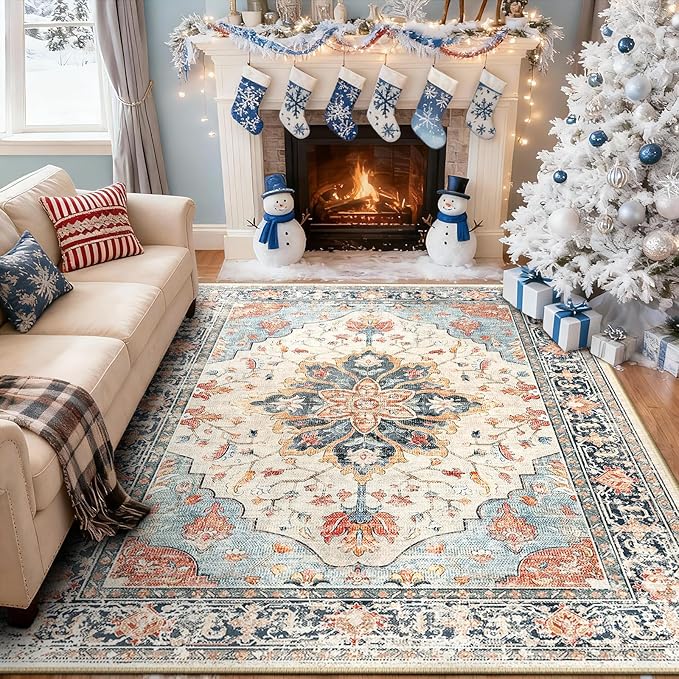 Area Rugs 5'x7' Washable Non-Slip, Floral Vintage Distress Print Pattern - Image 2