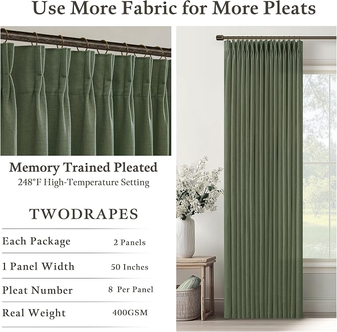 96 Inches Linen Pleated Semi Sheer Privacy Dark Green Loden Curtains 50x96 | - Image 4